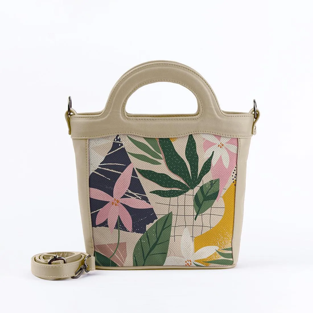 Beige Top Handle Handbag Leafs