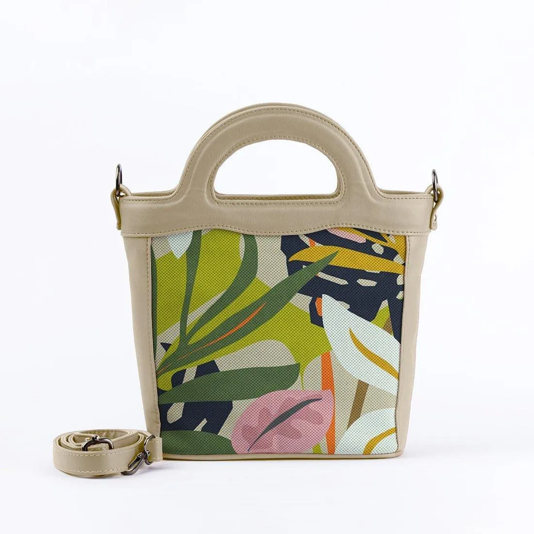 Beige Top Handle Handbag Leaves Abstract