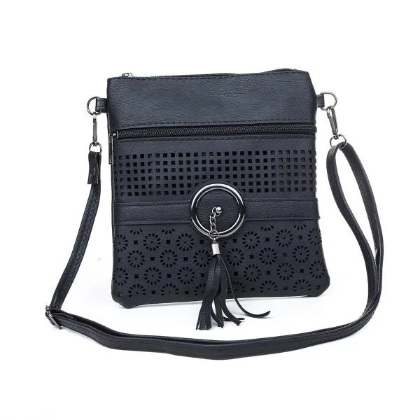 BLACK FLOWER & SQUARE PATTERENED SHOULDER BAG