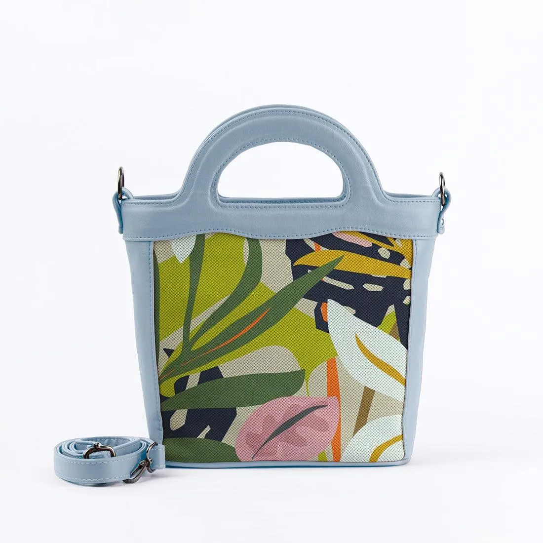 Blue Top Handle Handbag Leaves Abstract