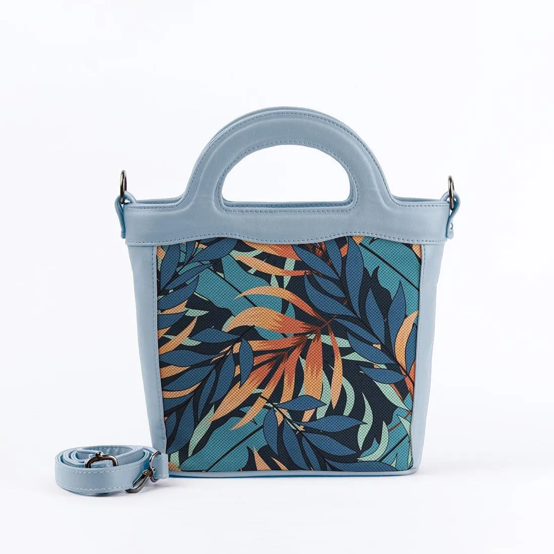 Blue Top Handle Handbag Leaves