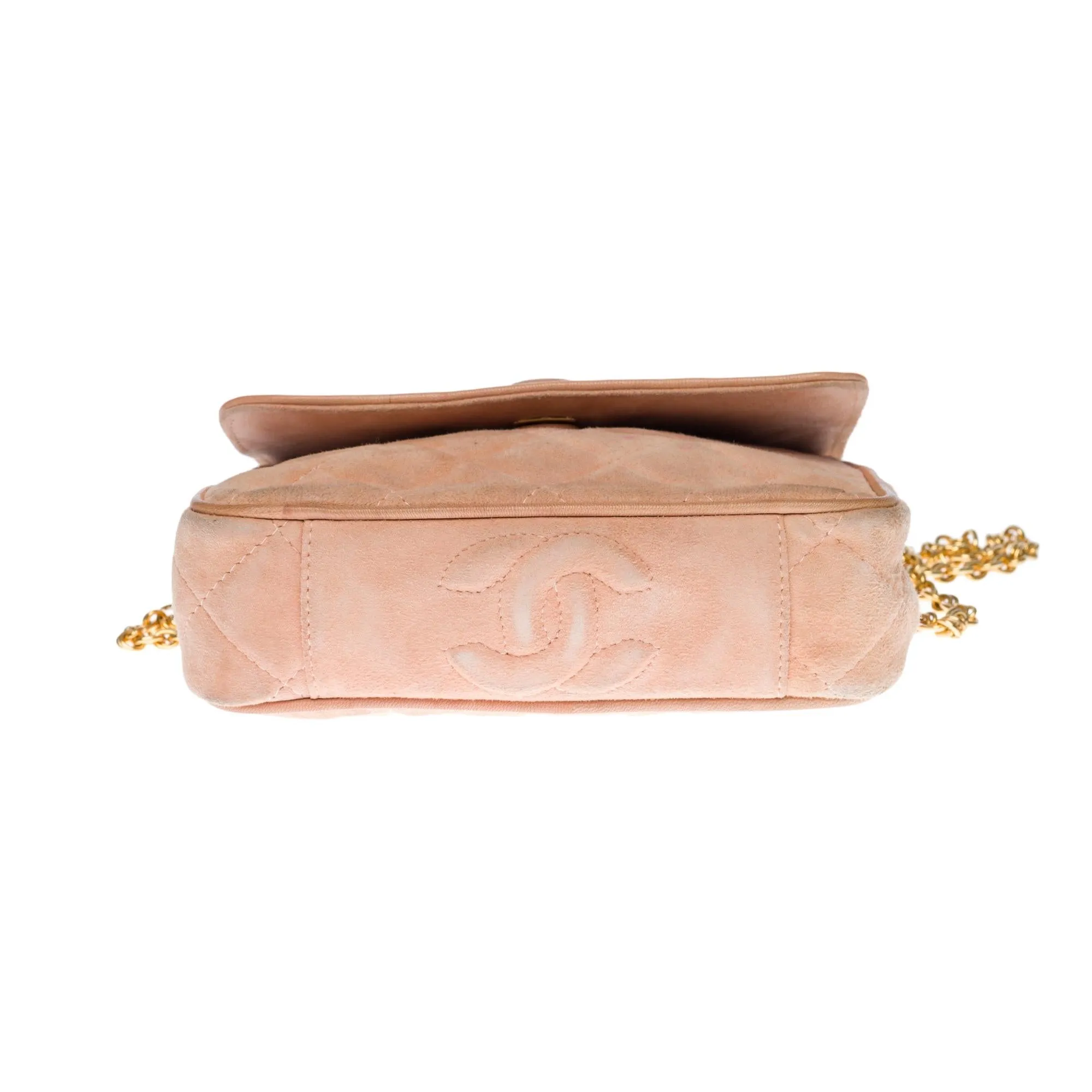 CHANEL Classic Mini shoulder flap Bag in pink quilted suede, GHW