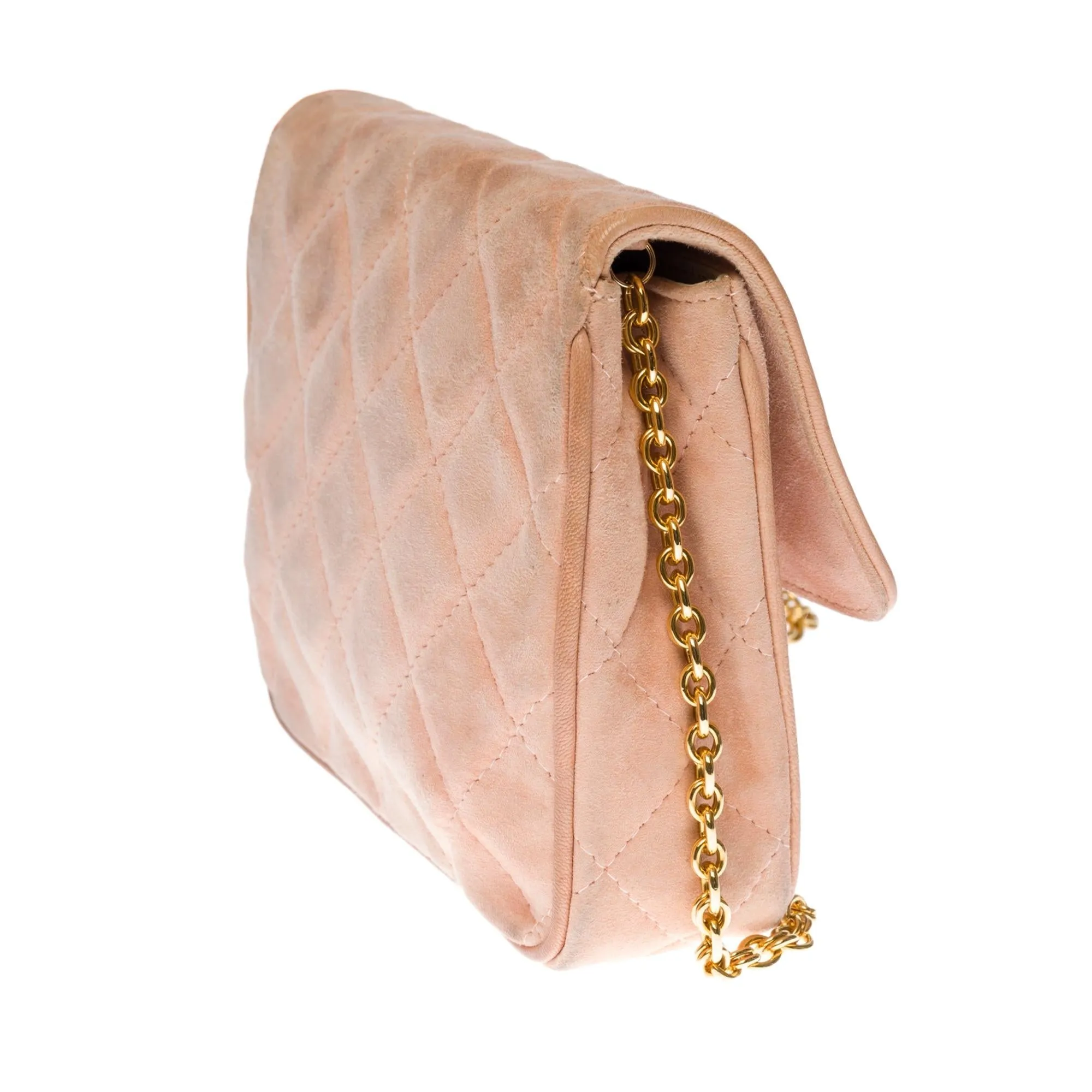 CHANEL Classic Mini shoulder flap Bag in pink quilted suede, GHW