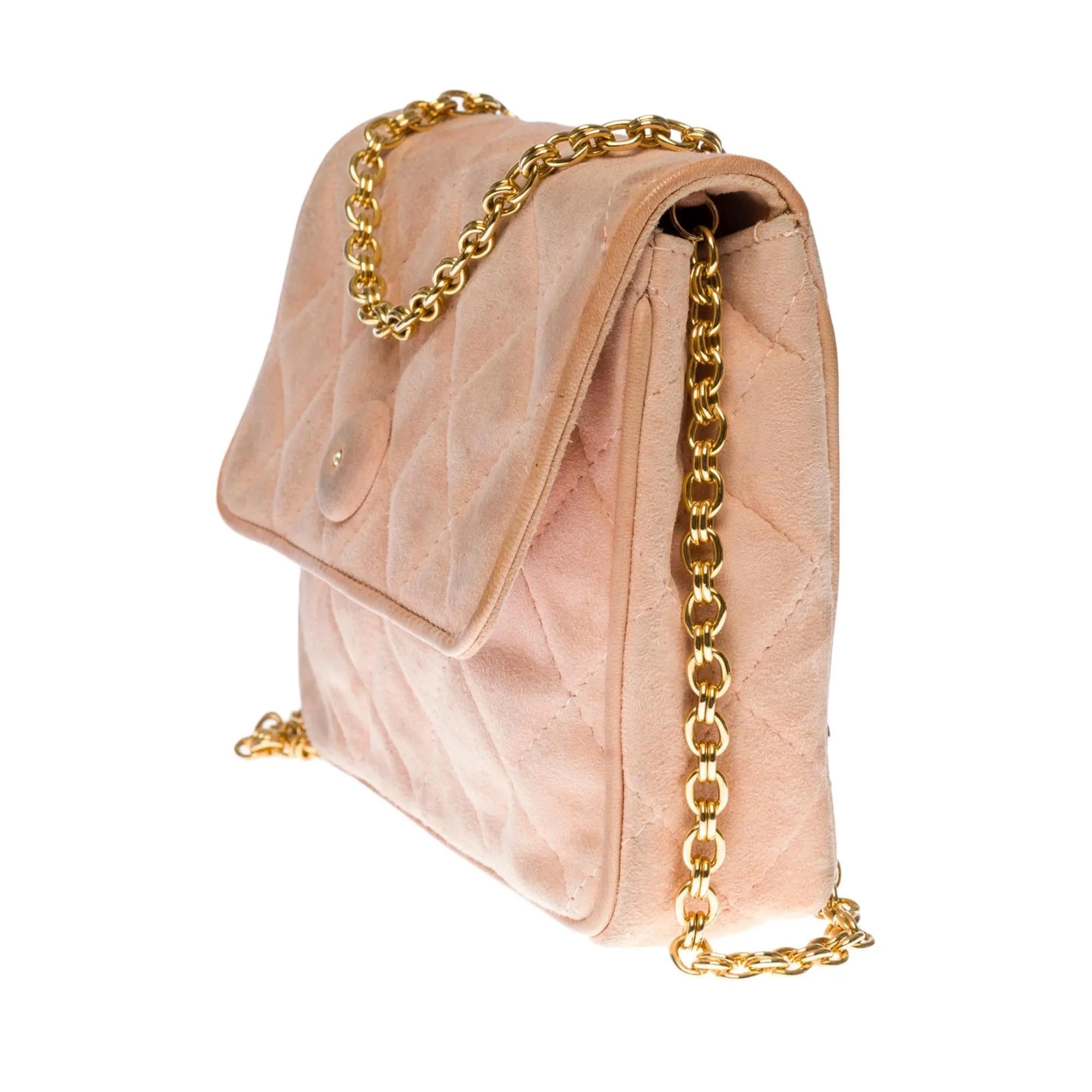 CHANEL Classic Mini shoulder flap Bag in pink quilted suede, GHW