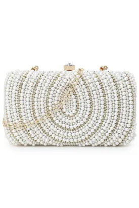 Designer White & Gold Silk Embellished Pearl Work Box Clutch