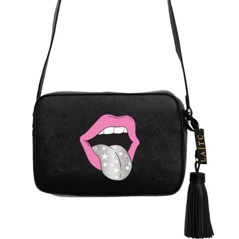 Luxurious Vegan Crossbody | Black with Pink Mouth Purse