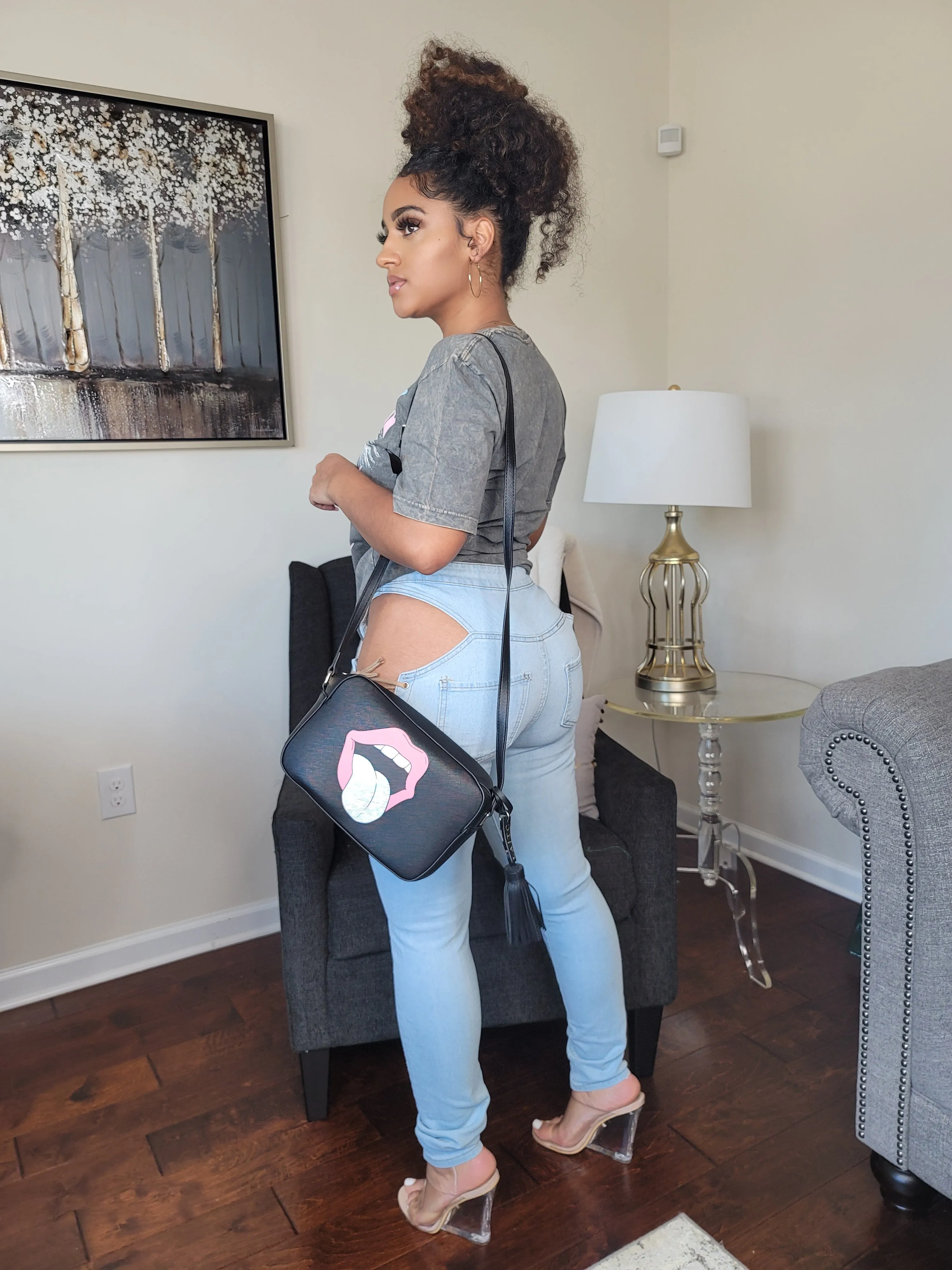 Luxurious Vegan Crossbody | Black with Pink Mouth Purse