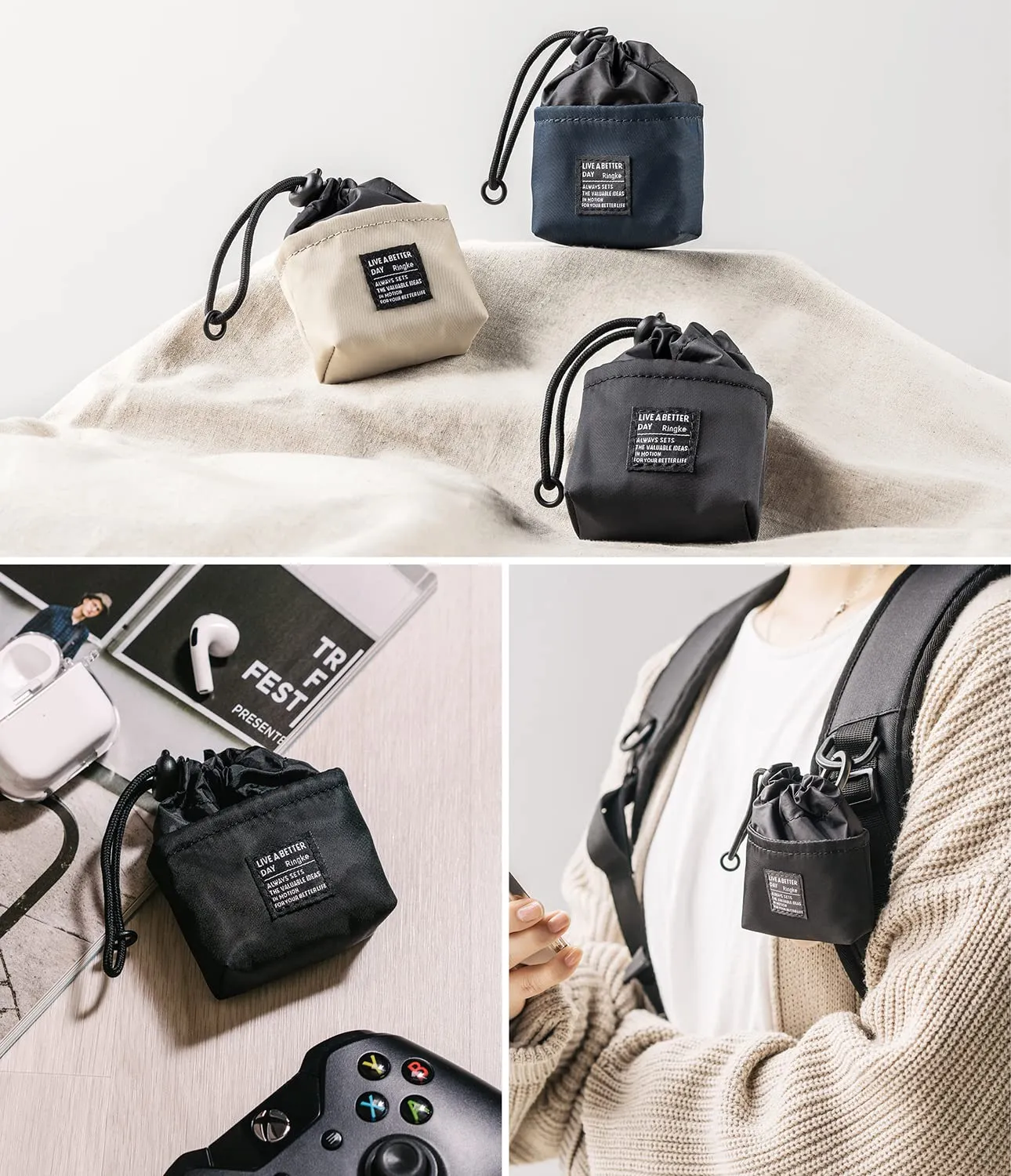 Mini Pouch [Bucket Bag] with O Ring Carabiner - Black
