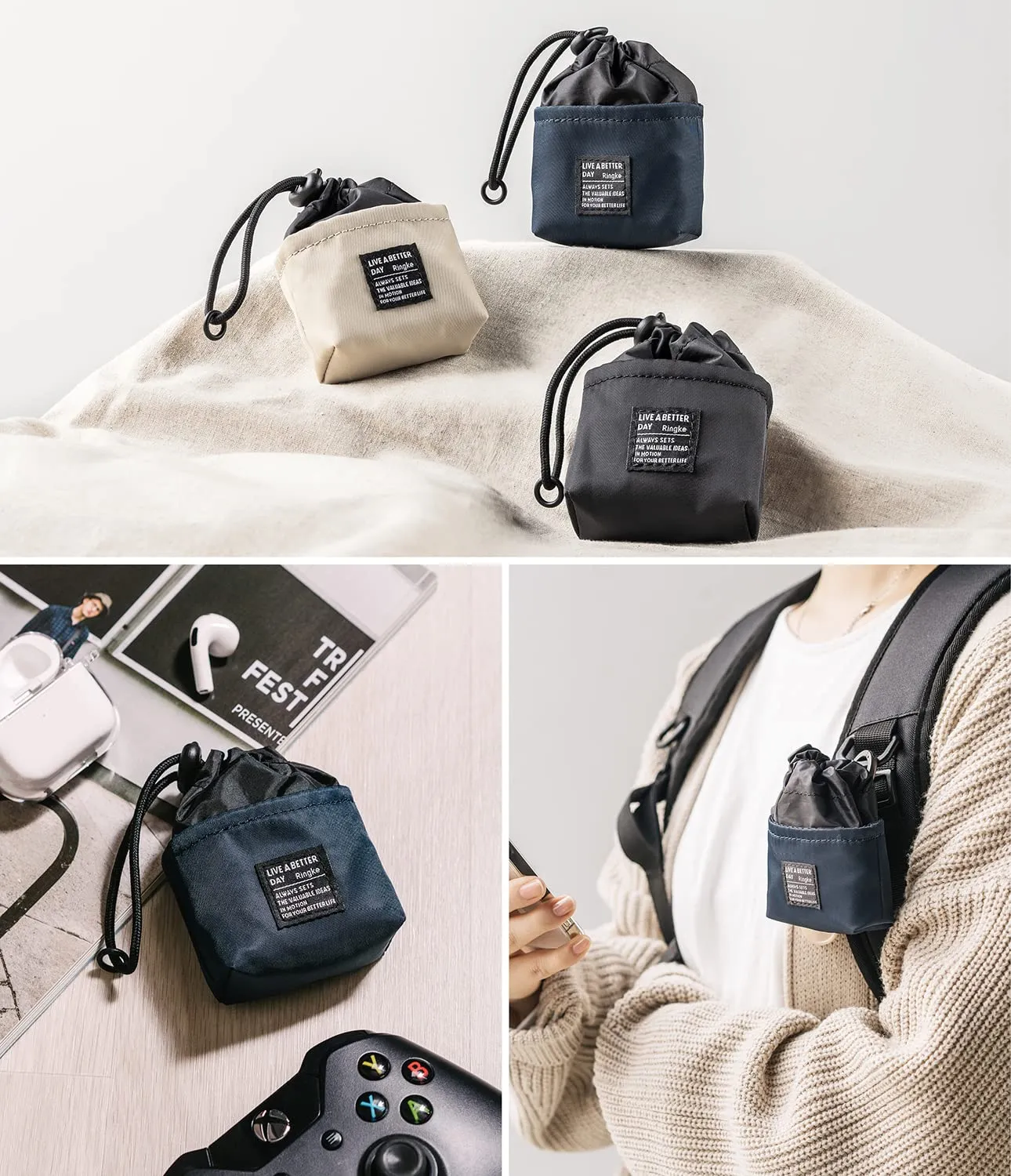 Mini Pouch [Bucket Bag] with O Ring Carabiner - Navy