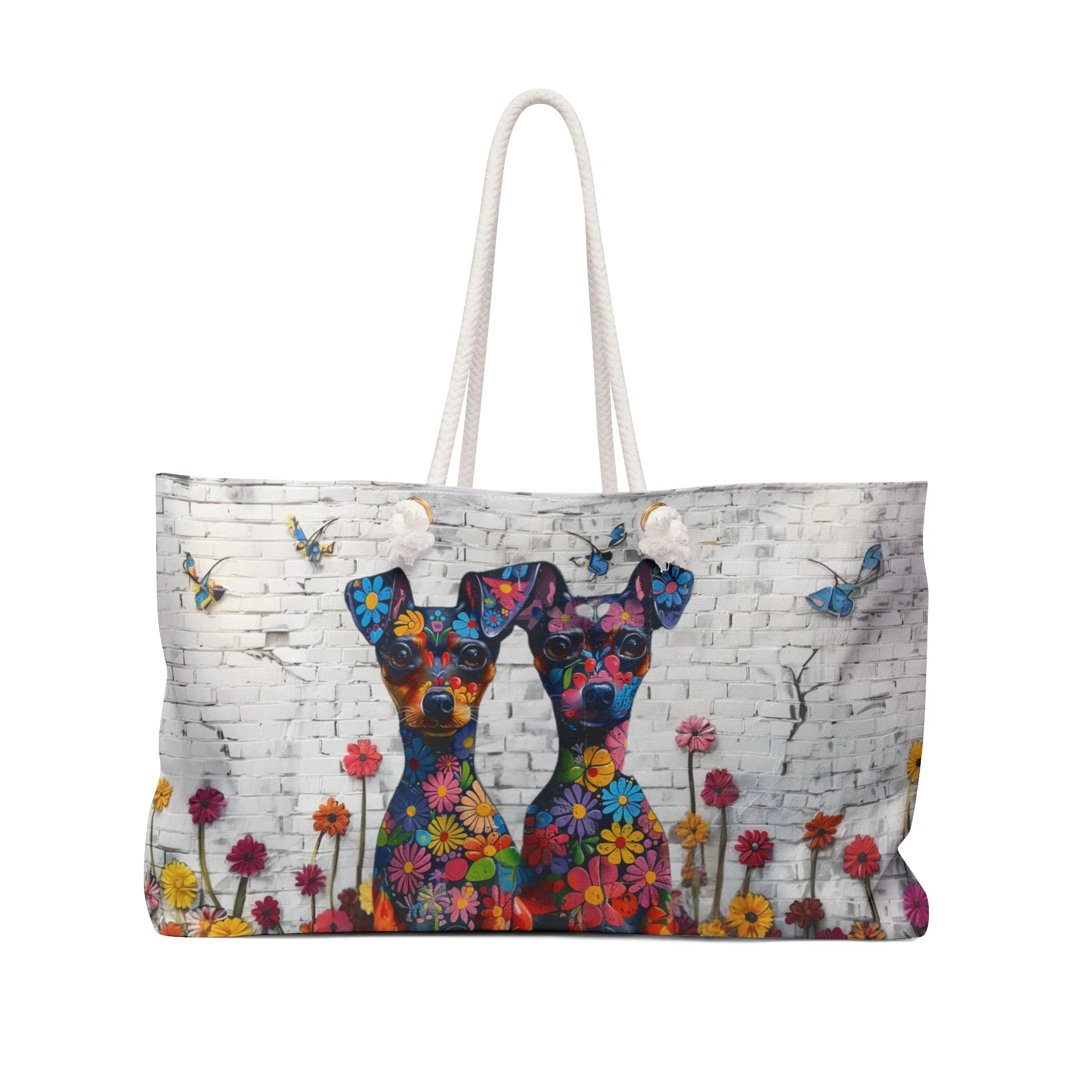 Miniature Pinscher Original Floral Dog Art Large Weekender Tote Bag