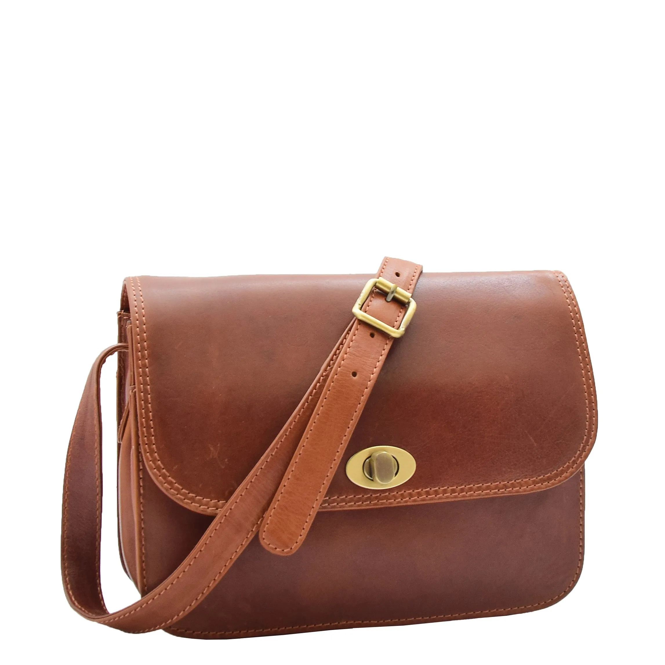Womens Real Leather Crossbody Bag Messenger Triple Gussets Organiser Nicole Chestnut